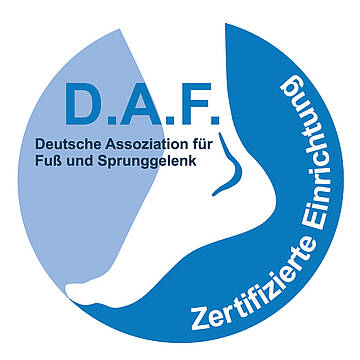 Zertifizierte Einrichtung der Deutschen Assoziation für Fuß und Sprunggelenk (D.A.F.) Zertifikatslogo Deutsche Assoziation für Fuß und Sprunggelenk (D.A.F.)
